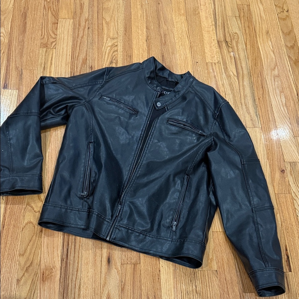 Guess Men's Black Leather Jacket - Classic Biker Style